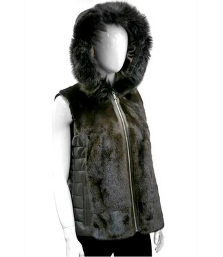 Mitchies Matchings Brown Leather & Mink Vest w/ Fox Trim Hood