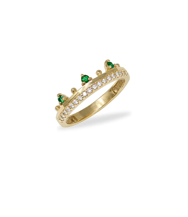 Anzie Cleo Crown Pave Diamond & Emerald Ring Size 7