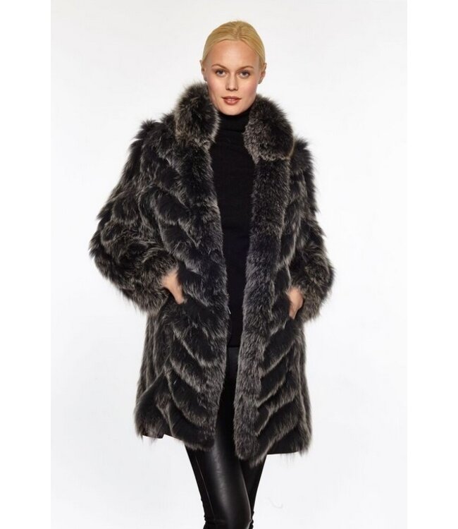 Linda Richards Silk and Fox Reversible Travel Coat Black with Silver Fox