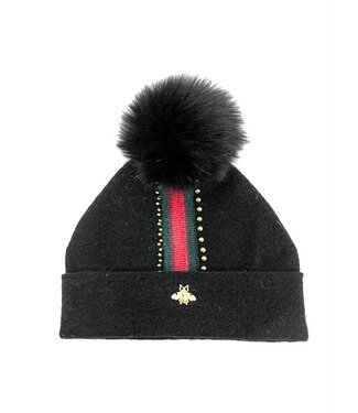 Mitchies Matchings Bee Border Knitted Hat w/ Fox Pom Black
