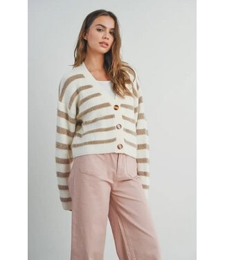 Striped Button Front Cardigan Ivory/Taupe