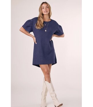 Puff Sleeve Mini Knit Dress Denim