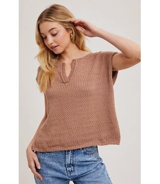 Knit Sweater Split Neck Top Mocha