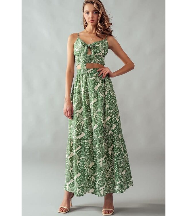Front Tie Crop Top / Skirt Set Leaf Print  Green