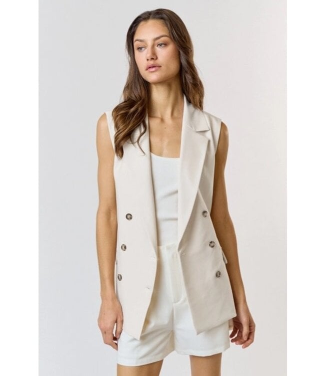 Double Breasted Collared Longline Vest Ivory