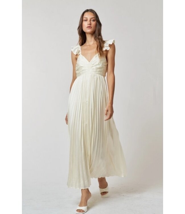 Accordian Pleated Satin Maxi Dress Cream