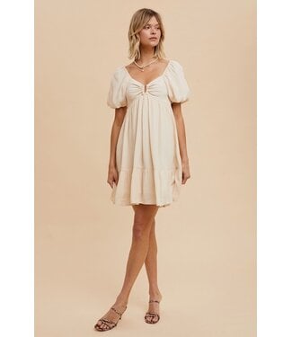 Bubble Sleeve U Notched Mini Dress Cream