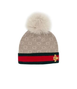 Knitted Hat w/ Embroidered Bee & Fox Pom Beige