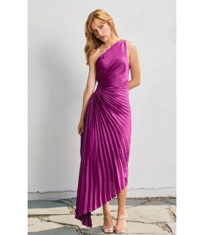 Olympia Assymetrical Pleated Dress Purple Magenta