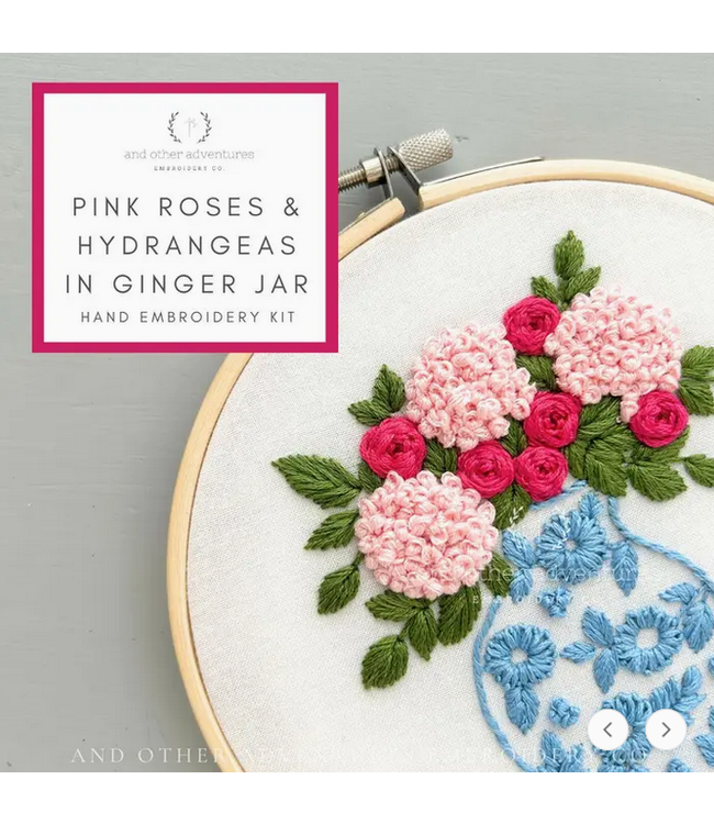 Intermediate Embroidery Kit - Pink Roses & Hydrangeas in Ginger Jar
