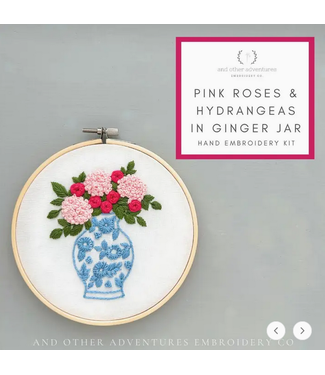 Intermediate Embroidery Kit - Pink Roses & Hydrangeas in Ginger Jar