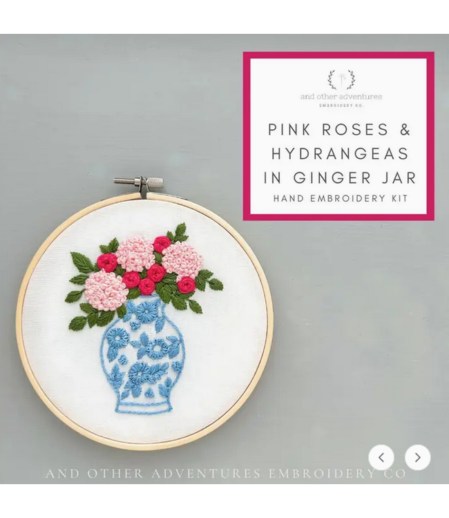 Intermediate Embroidery Kit - Pink Roses & Hydrangeas in Ginger Jar