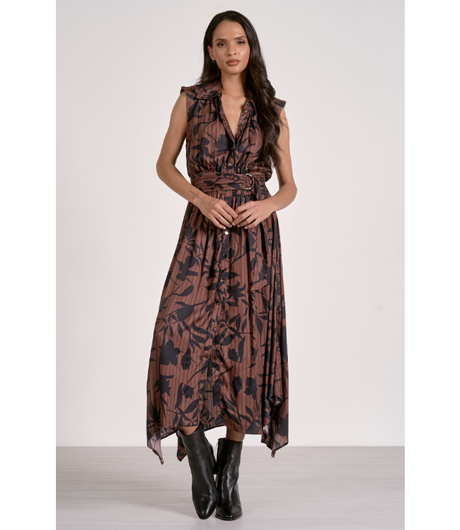 Elan Belted Sleeveless Maxi Dress Brown Foliage