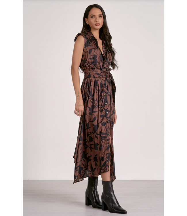 Elan Belted Sleeveless Maxi Dress Brown Foliage