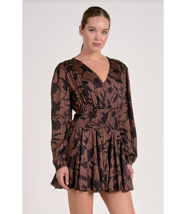 Elan Long Sleeve Elastic Waist Dress Brown Foliage
