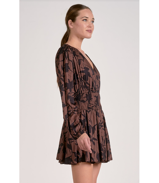 Elan Long Sleeve Elastic Waist Dress Brown Foliage