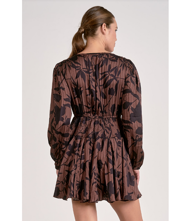 Elan Long Sleeve Elastic Waist Dress Brown Foliage