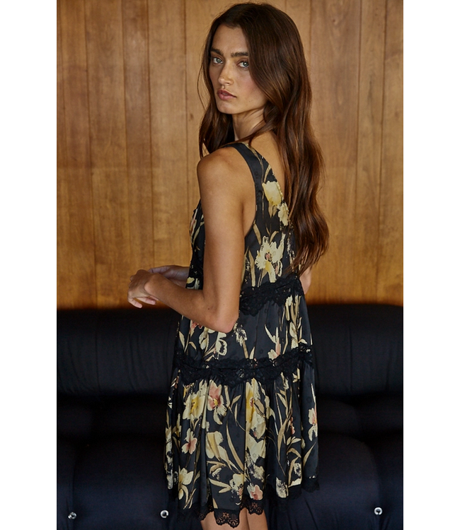 Plunged V Neck Tiered Flare Mini Dress Black Mini