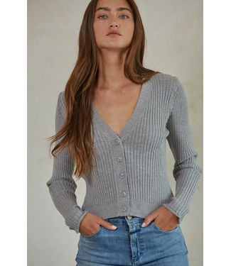 Ribbed V-Neck Button Down Cardigan Grey