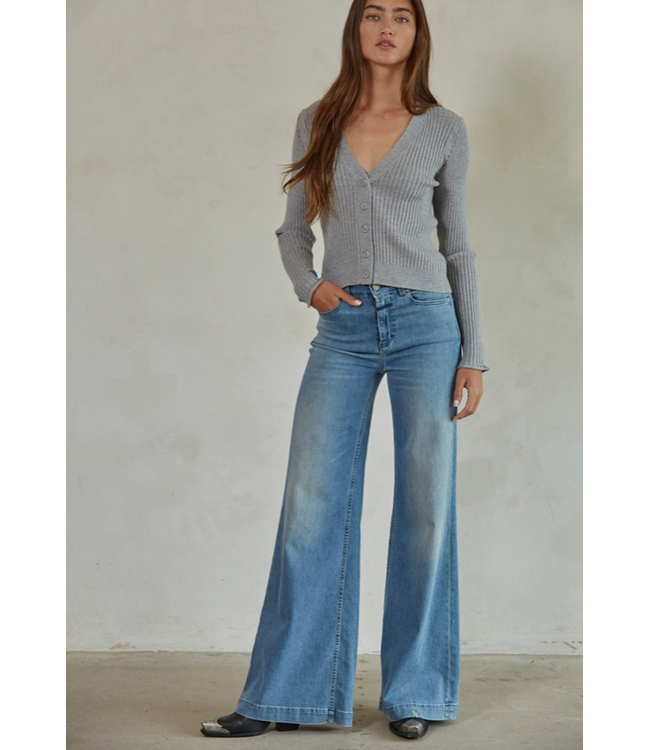 Ribbed V-Neck Button Down Cardigan Grey