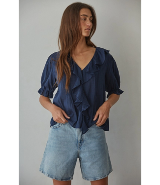 Woven Cotton Buttondown V-Neck Top Navy