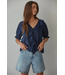 Woven Cotton Buttondown V-Neck Top Navy