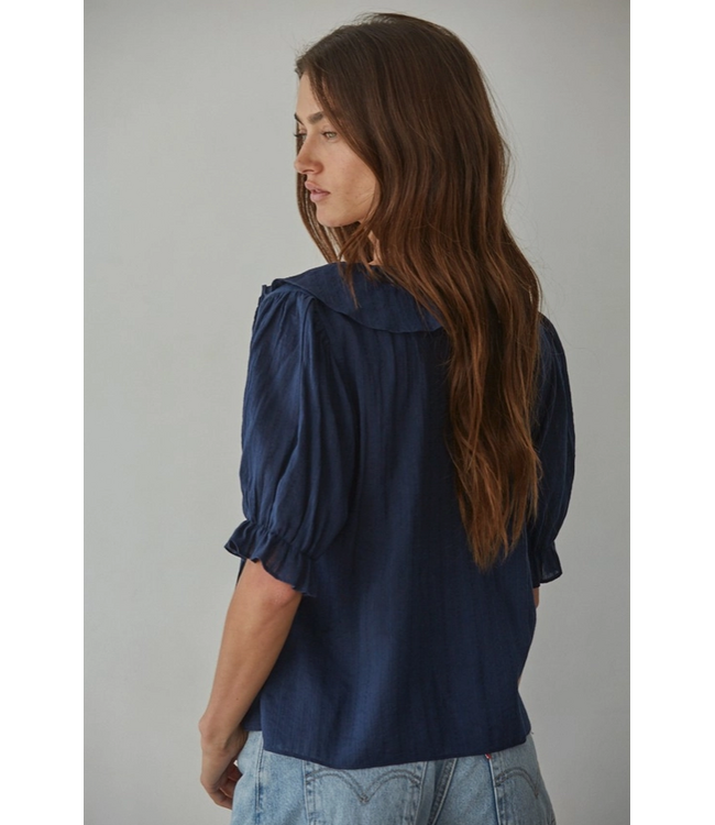 Woven Cotton Buttondown V-Neck Top Navy