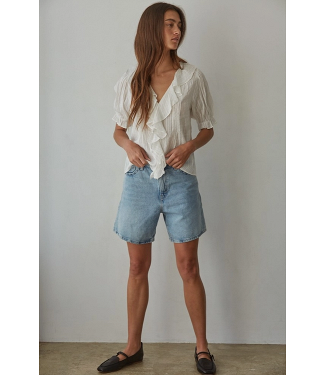 Woven Cotton Buttondown V-Neck Top White