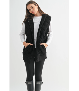 Oversized Quilted Fleece Vest with Hood Black