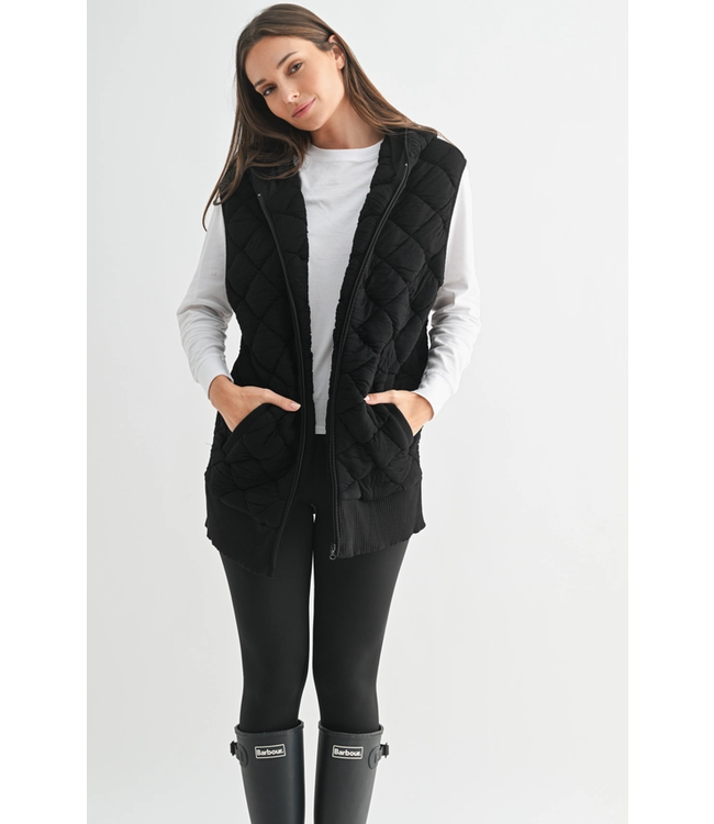 Oversized Quilted Fleece Vest with Hood Black
