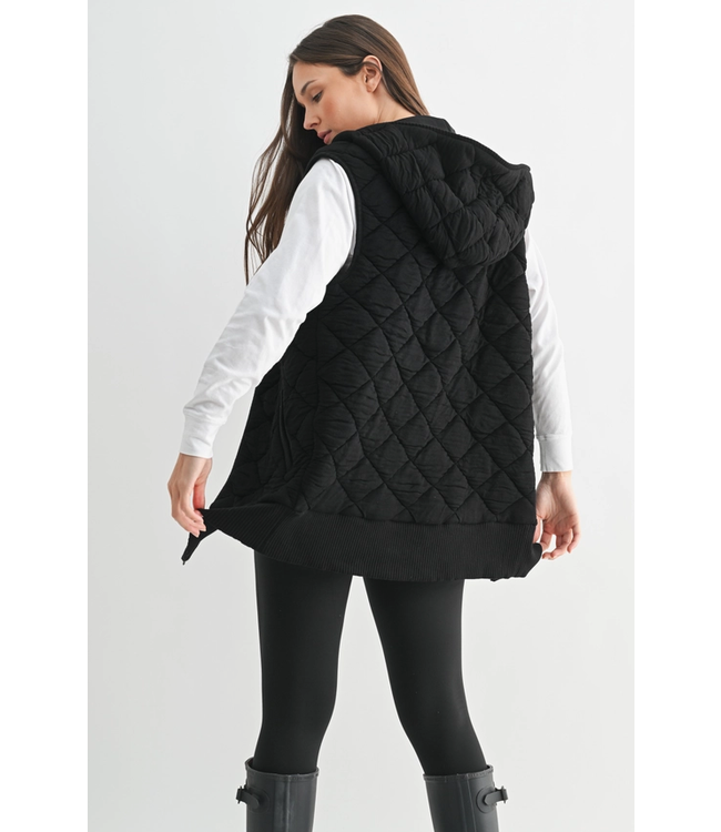Oversized Quilted Fleece Vest with Hood Black