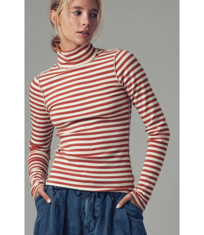 Striped Turtleneck Knit Top Ivory/Rust