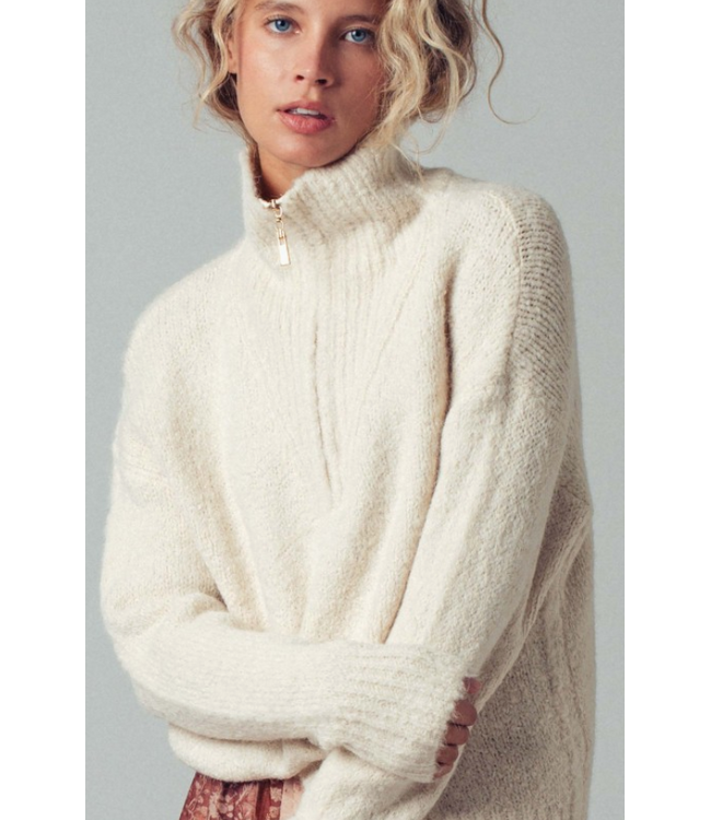 Textured Quarter-Zip Fold Collar Sweater Ivory