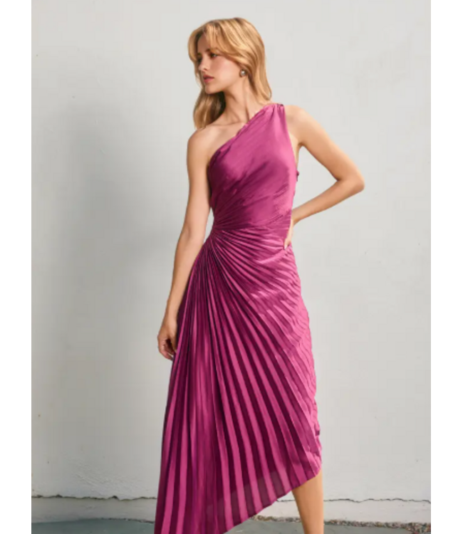 Olympia Assymetrical Pleated Dress Purple Magenta
