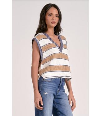 Elan Deep V-Neck Sweater Vest Camel Stripe