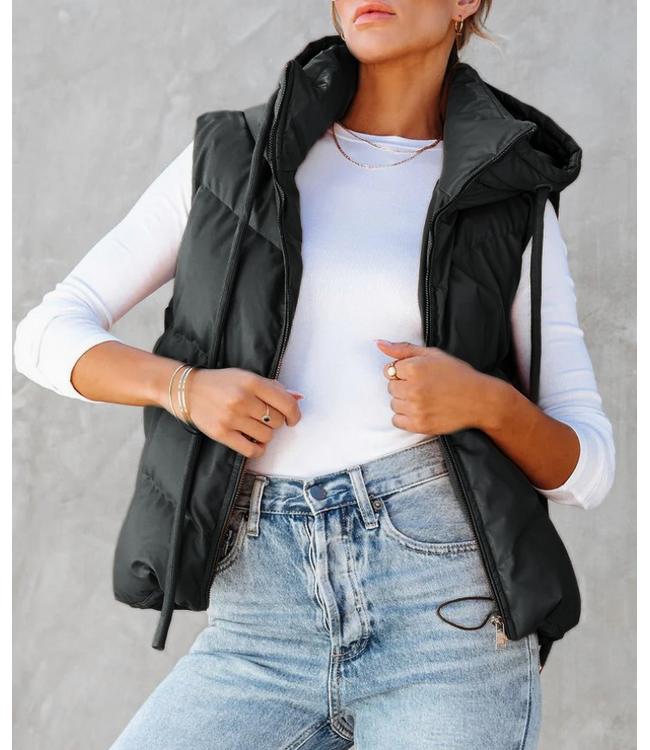 Short Hooded Down Sleeveless Vest Black