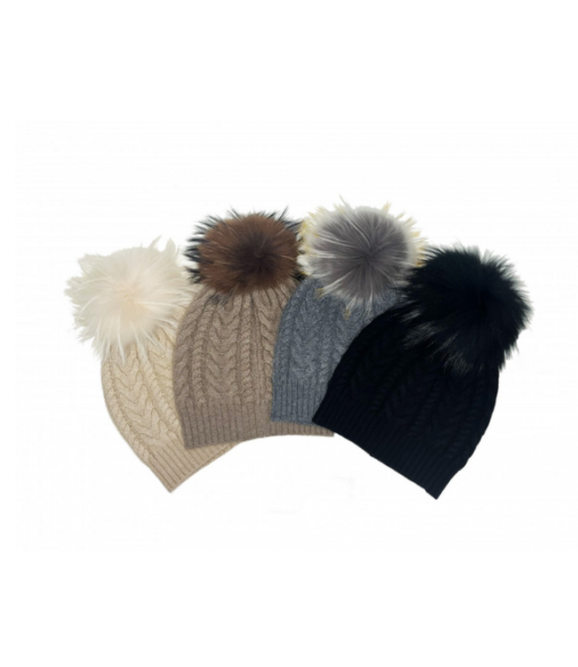 Linda Richards Genuine Double Cashmere Slouch Hat Fur Pom Dove