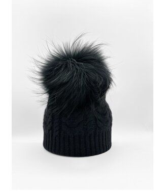 Linda Richards Genuine Double Cashmere Slouch Hat Fur Pom Black