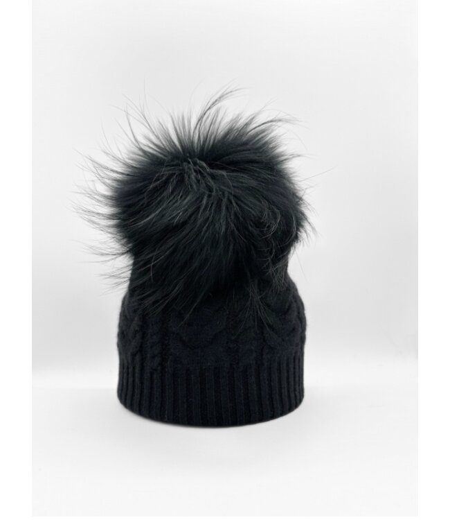 Linda Richards Genuine Double Cashmere Slouch Hat Fur Pom Black
