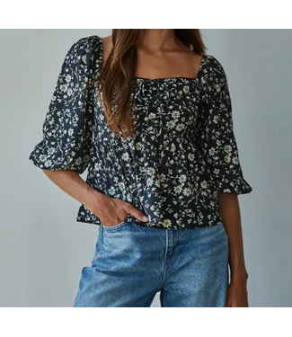 Floral Print Square Neck Top Black