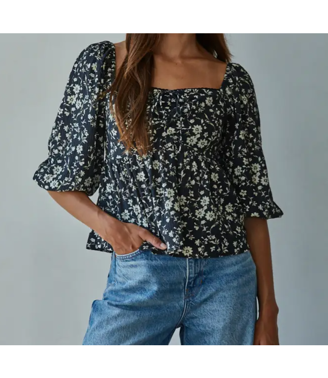 Floral Print Square Neck Top Black