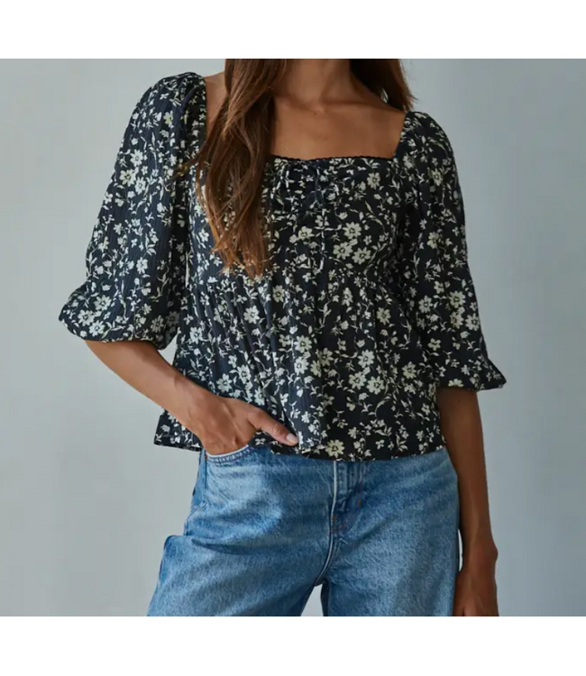 Floral Print Square Neck Top Black