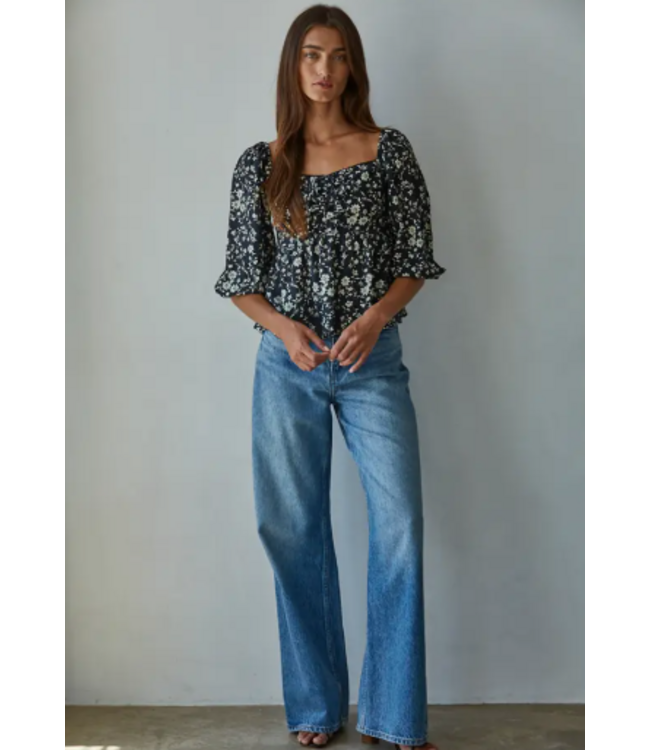 Floral Print Square Neck Top Black