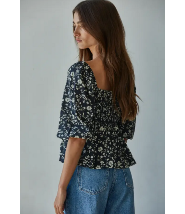 Floral Print Square Neck Top Black