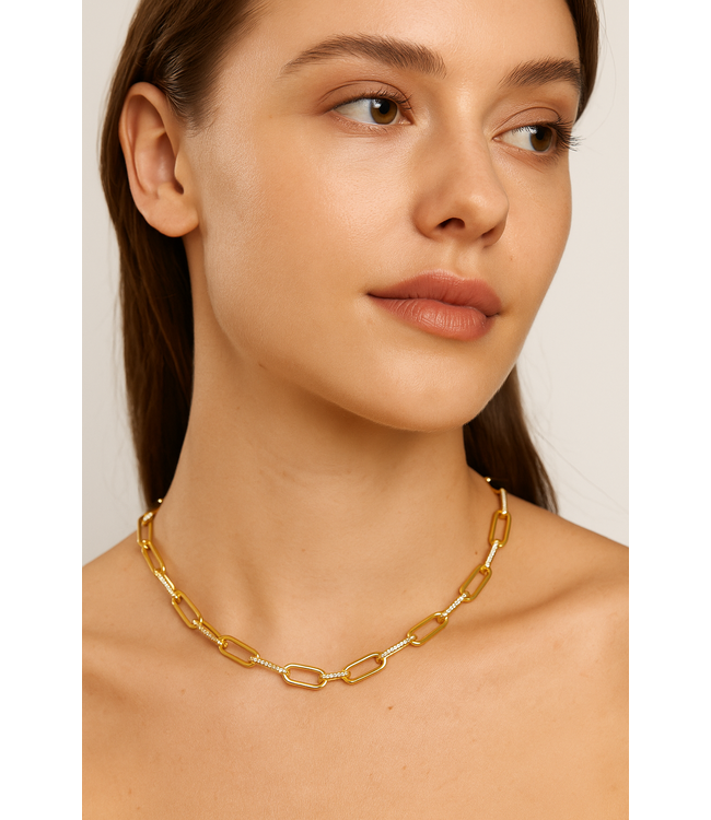 Jen Hansen Demi-Fine Paperclip Necklace w/ CZ Oval Links Gold