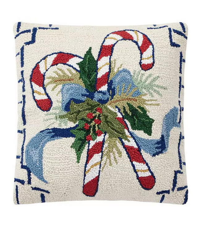 Chinoiserie Candy Cane Wool Hook Pillow 18 x 18