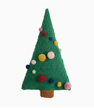 Tree Shaped Wool Hook Pillow with Poms