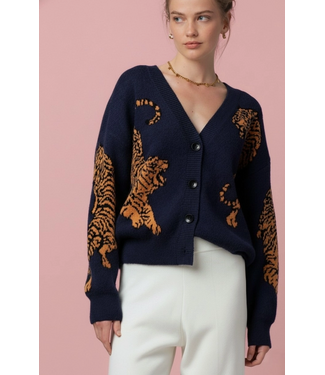 Tiger Jacquard Knit Sweater Cardigan Navy