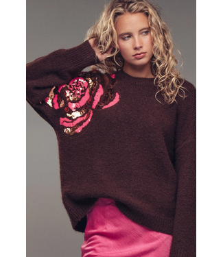 Sequin Floral Fuzzy Sweater Brown
