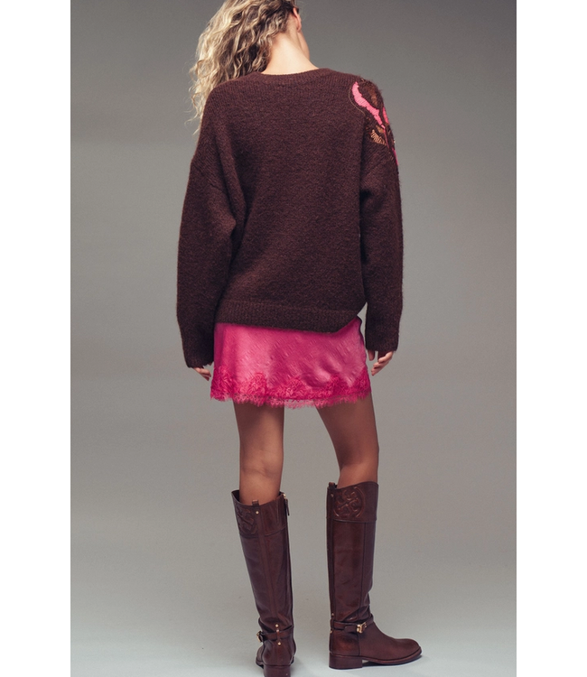 Sequin Floral Fuzzy Sweater Brown